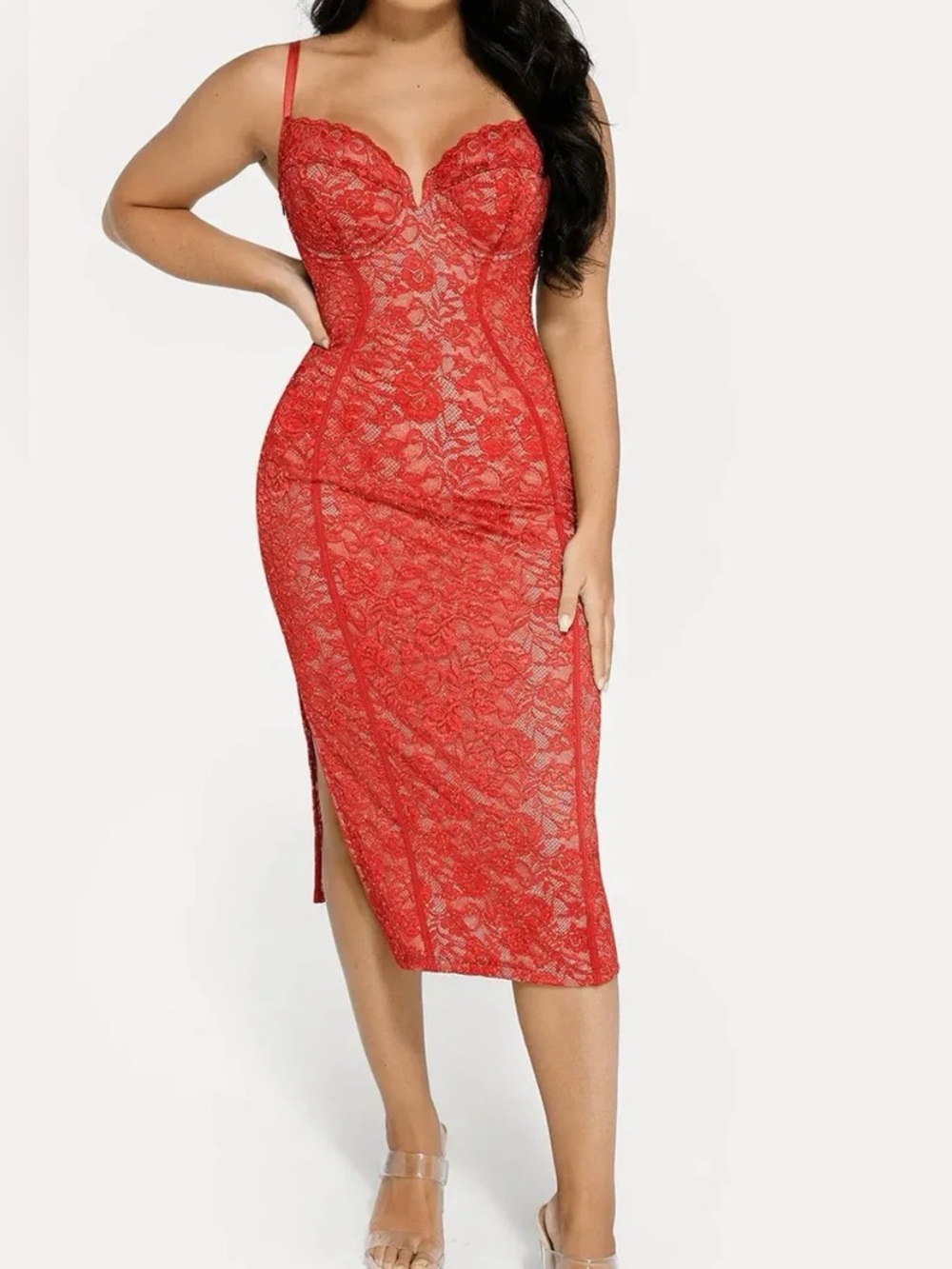 Popilush Red Lace Bodycon Midi Dress with shapewear corset type top size medium